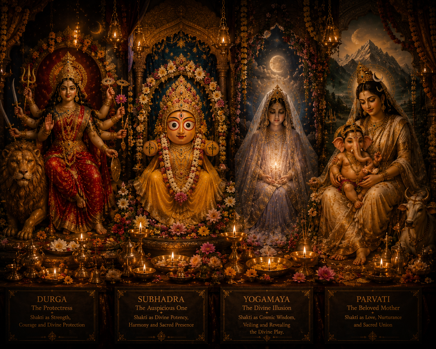 Sacred Altar — Durga, Subhadra, Yogamaya, Parvati